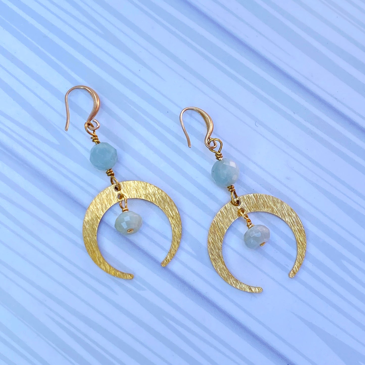 Aquamarine gemstone and brass Moon Earrings