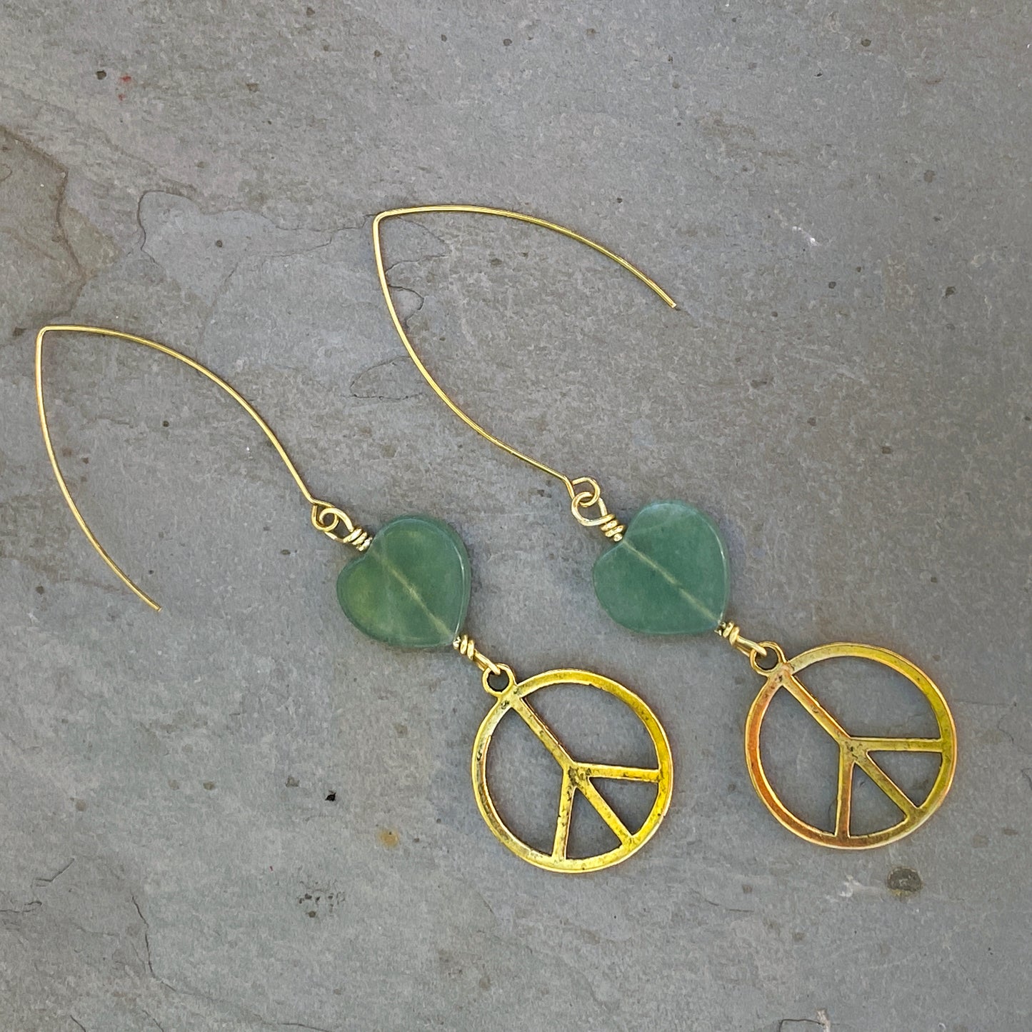 Brass Peace Sign and Green Aventurine gemstone heart earrings