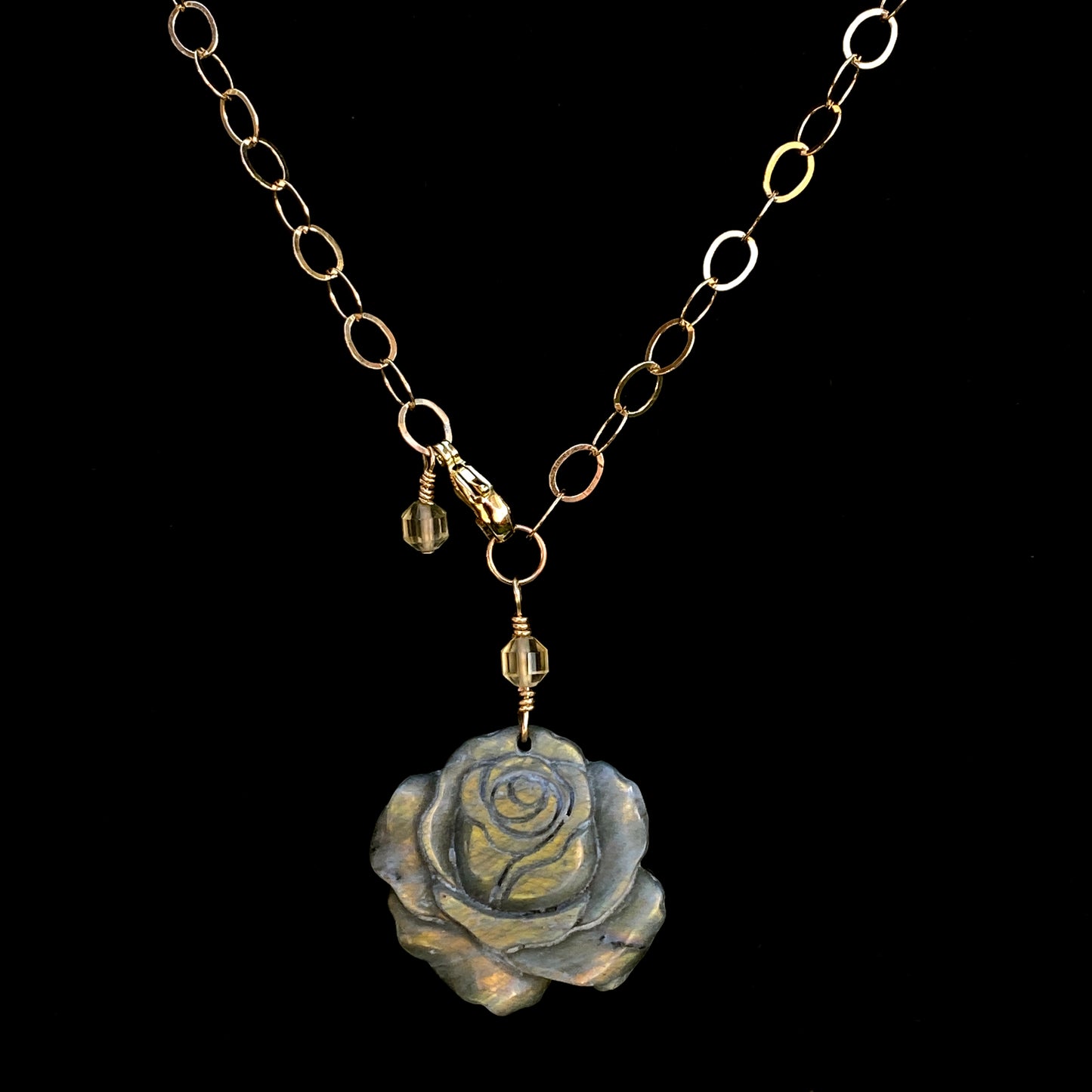 Labradorite gemstone carved Rose pendant on 14 kt Gold Necklace