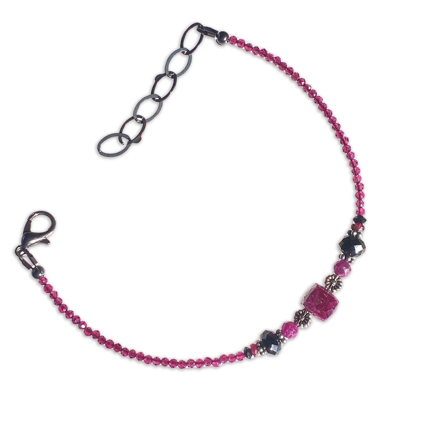 Ruby, Black Spinel, Red Spinel gemstones, and Sterling Silver Bracelet