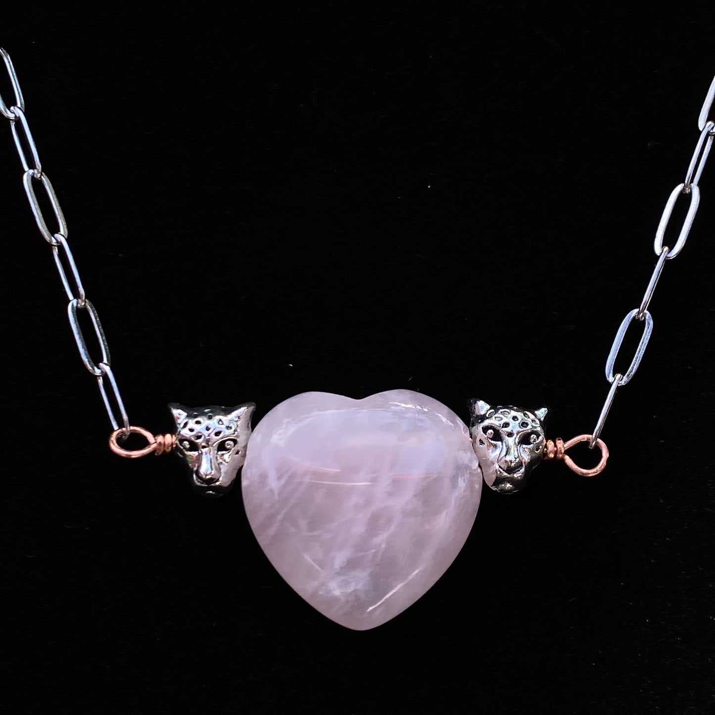 Rose Quartz gemstone Heart and Leopard head Necklace