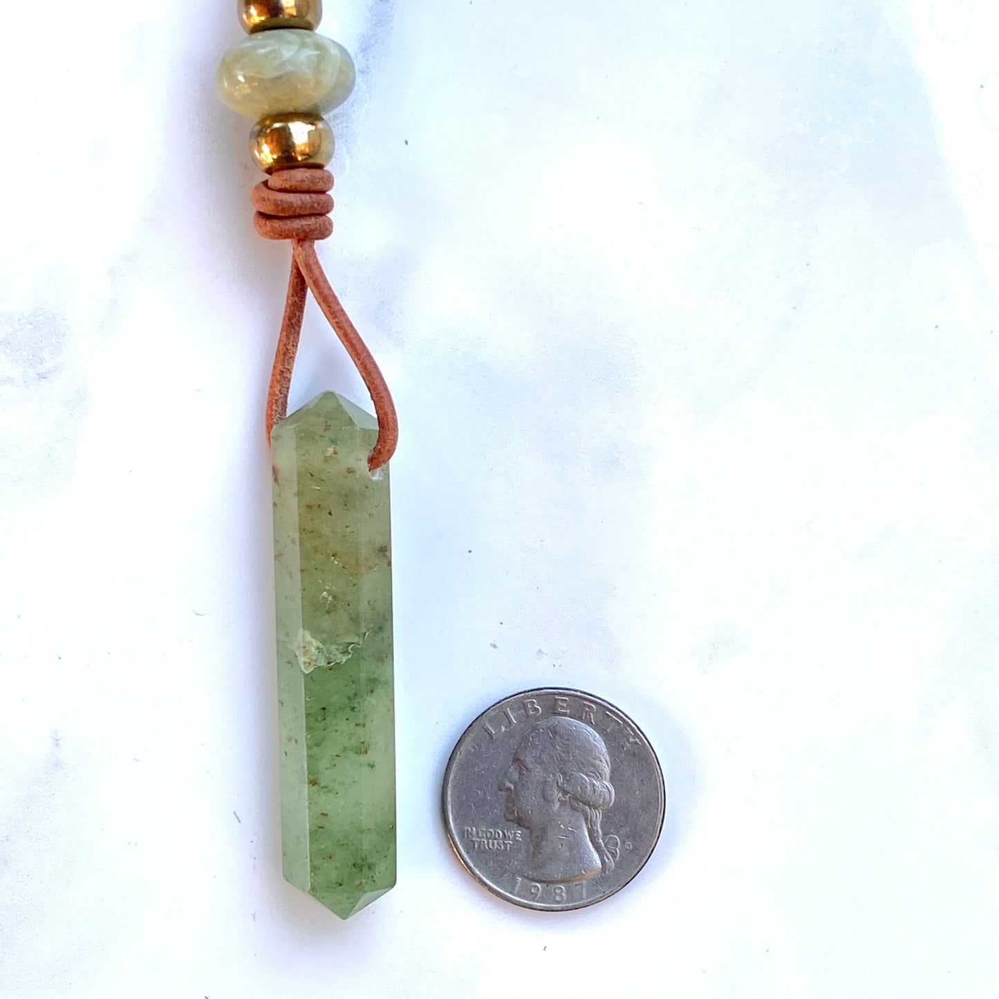 Aventurine gemstone wand pendant with Brass on Leather Necklace