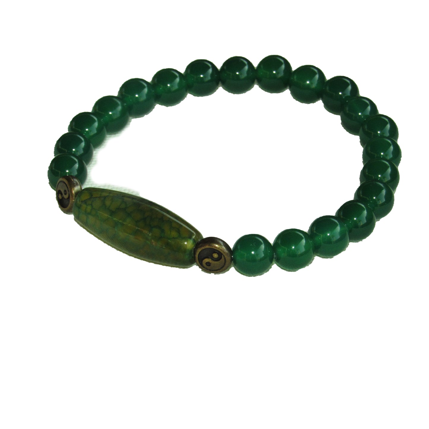 Green onyx gemstone, brass Yin Yang, and Dragon Vein Agate stretch bracelet