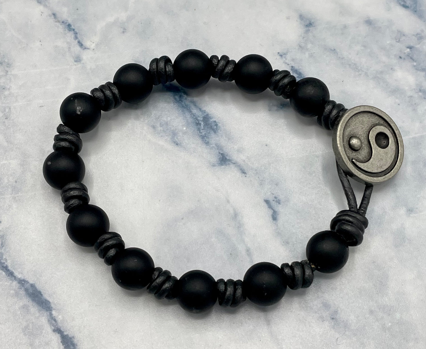 Black Onyx gemstone hand knotted Leather Bracelet with Yin Yang button clasp