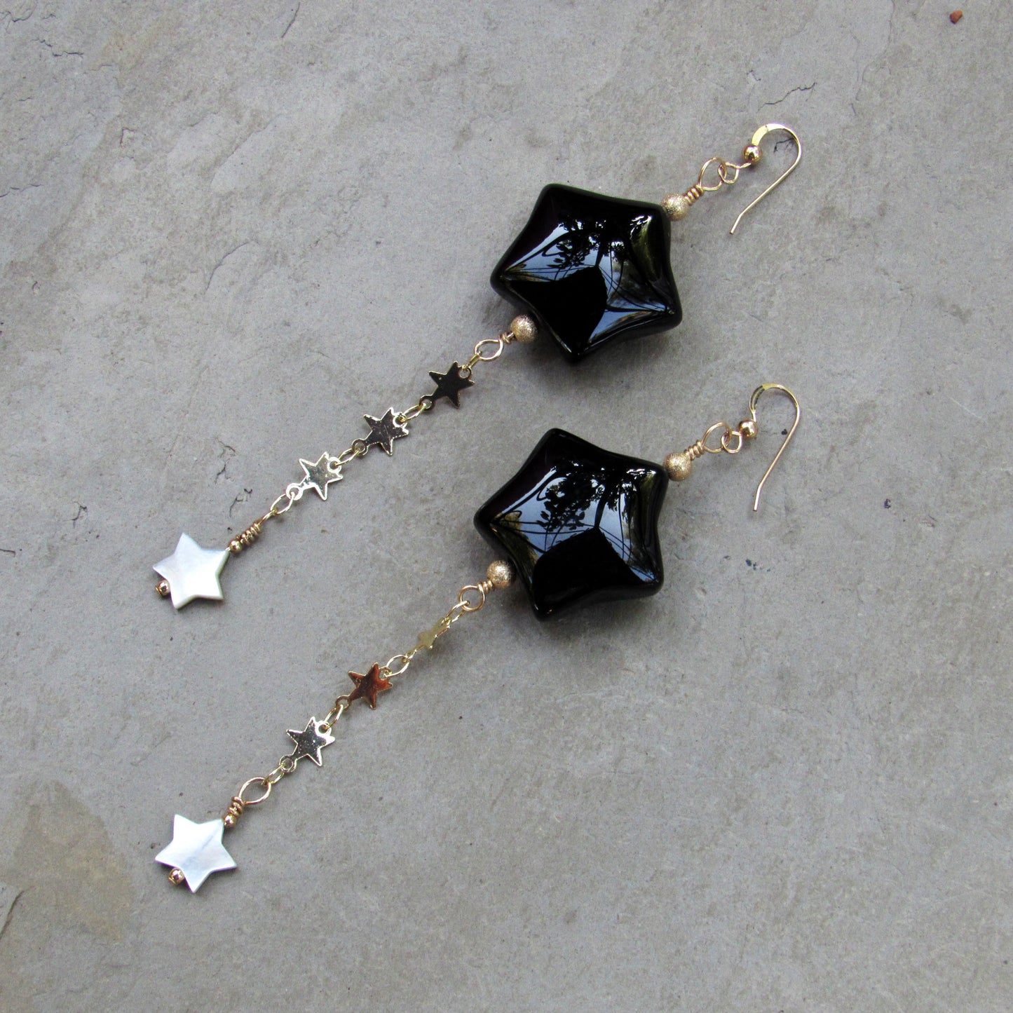Black Agate Star, 14 kt Gold Fill, and Mother of Pearl Drop Earrings