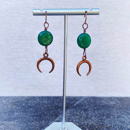 Green Onyx gemstone wrapped copper Moon dangle earrings