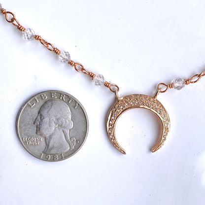 Pave White Topaz gemstones with Rose Gold Moon pendant chain necklace