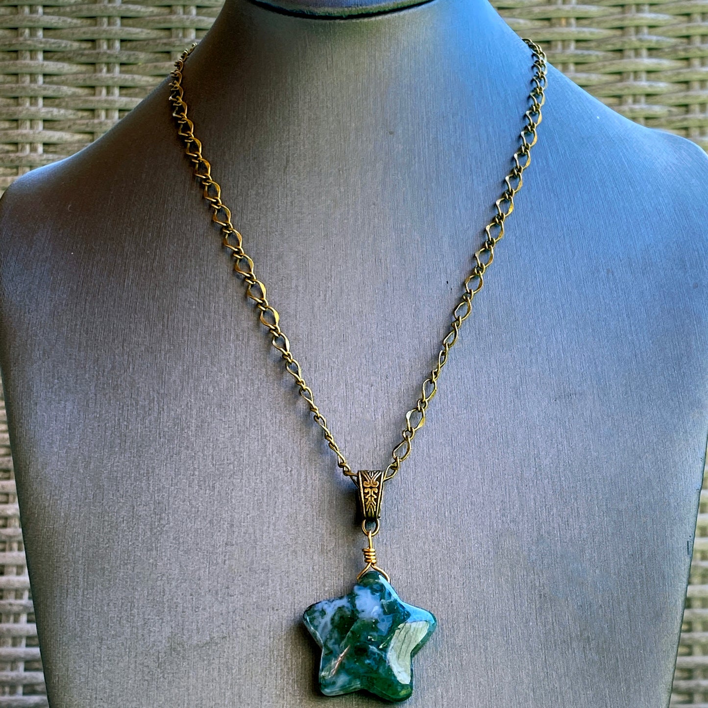 Moss Agate gemstone Star Pendant on Bronze chain