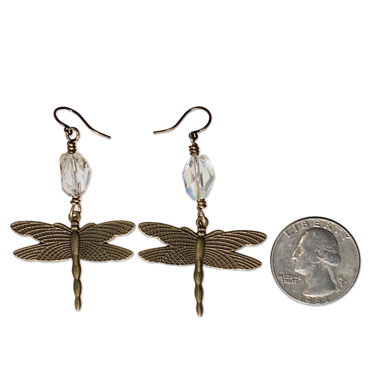 Brass Dragonfly and Quartz gemstone Dangle Earrings