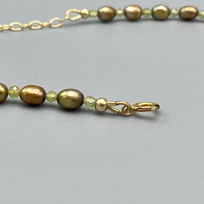 Freshwater pearl, Peridot, Mother of Pearl Moon Choker Necklace w/ 14 kt GF
