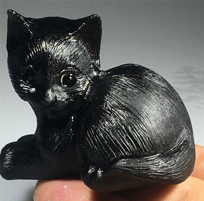 Natural Black Obsidian Lying Down Cat