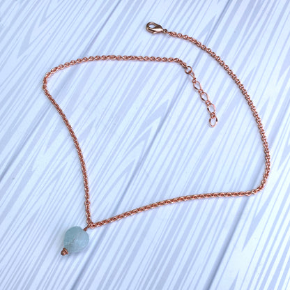 Aquamarine gemstone carved Heart on Copper Chain