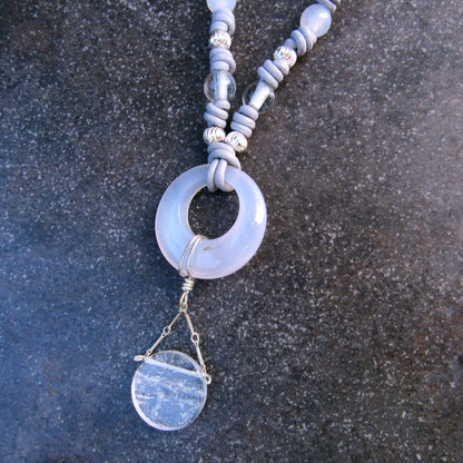 White Agate, Clear Quartz on Leather with Sterling Silver