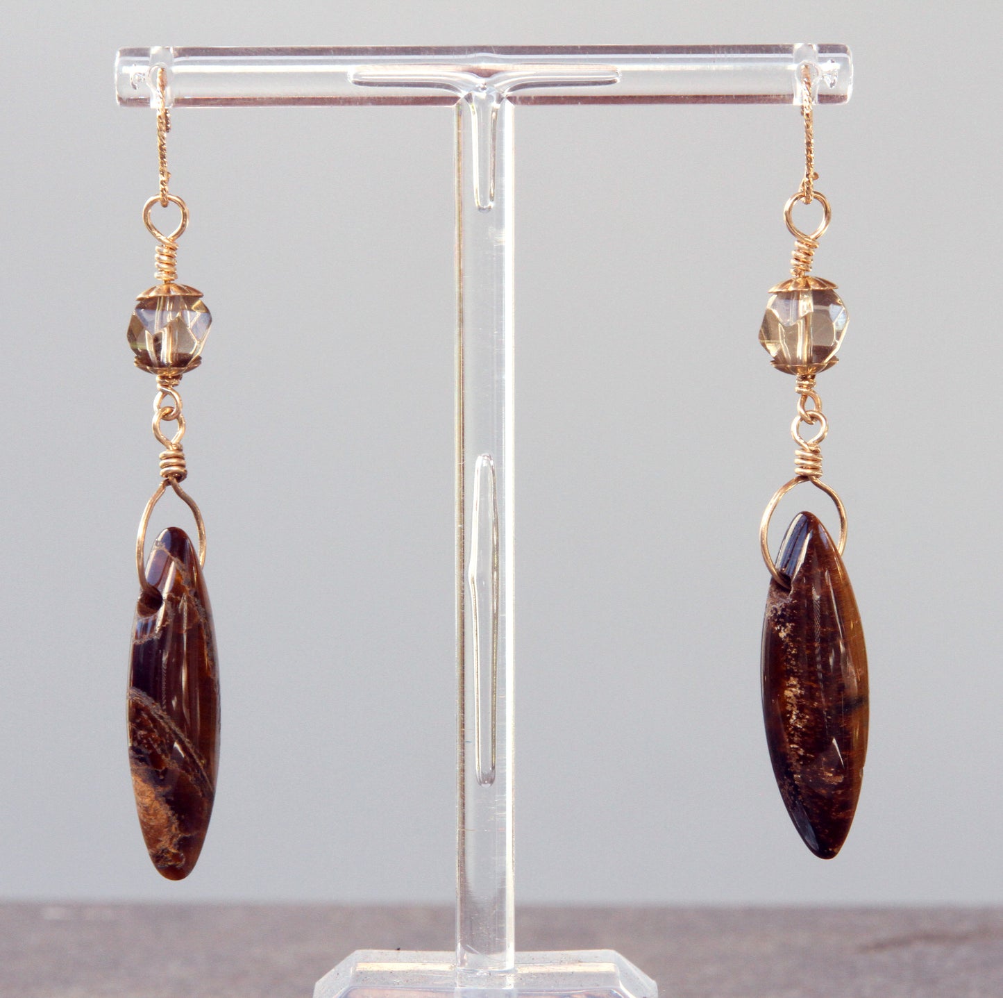 Tiger Eye gemstone and Yellow Topaz Wrapped in 14 kt Gold Filled Drop Earrings