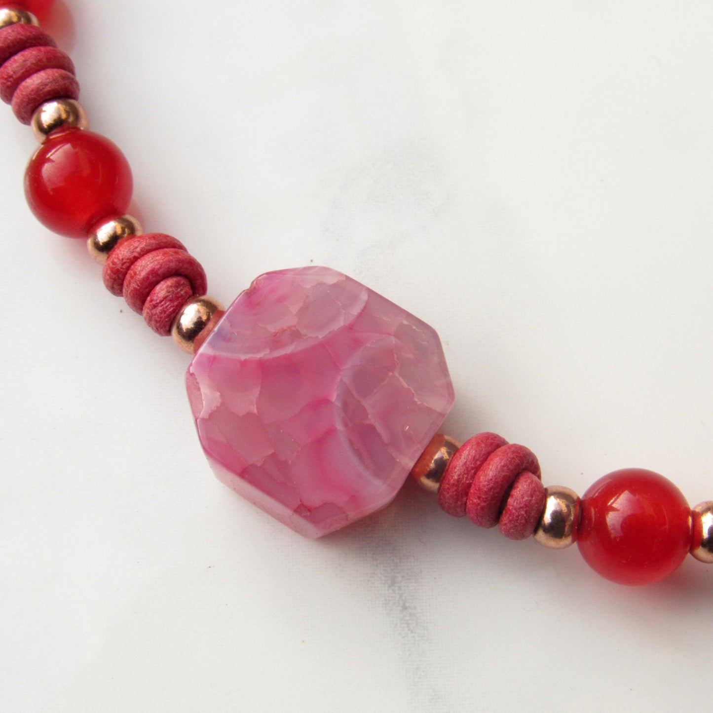 Agate gemstone, Red Jade, and genuine Leather Necklace