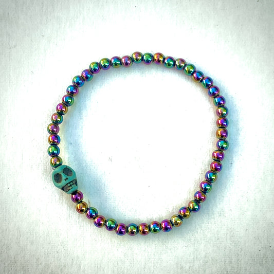 Rainbow Hematite gemstone with Howlite Skull bracelet