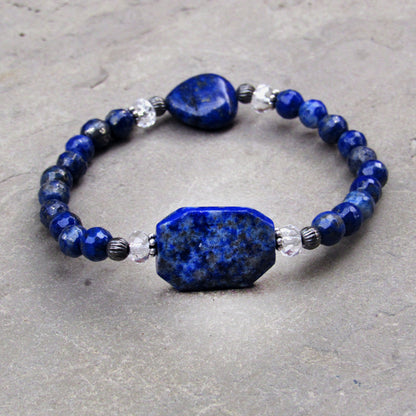 Lapis Lazuli gemstone, Clear Quartz, and Oxidized Sterling Silver Stretch Bracelet