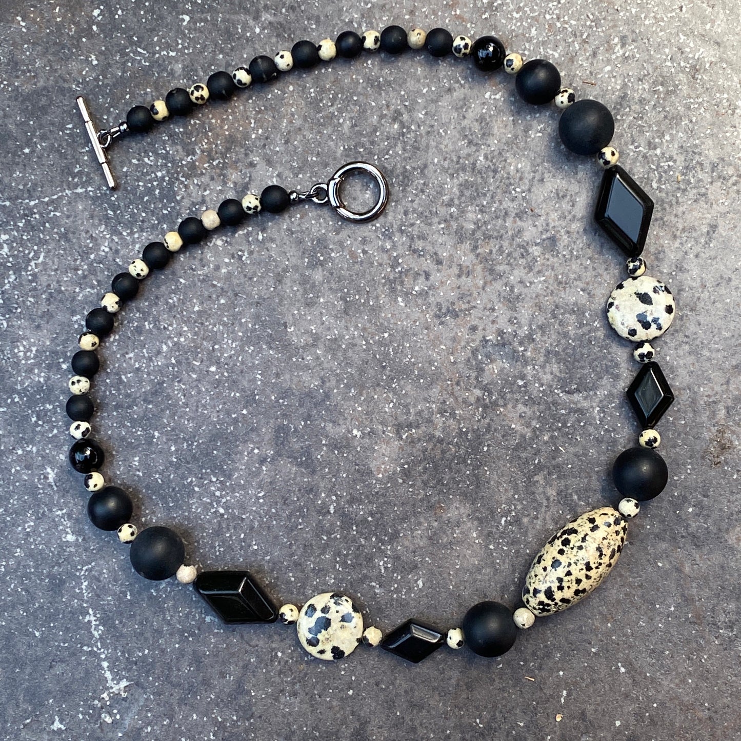 Dalmatian Jasper gemstone, Onyx, and Oxidized Sterling Silver Men’s Necklace