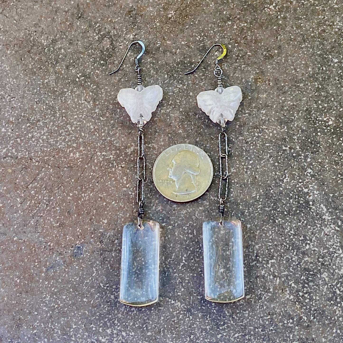 Clear quartz and White Quartz Butterfly w/ Oxidized Sterling Silver Drop Earrings