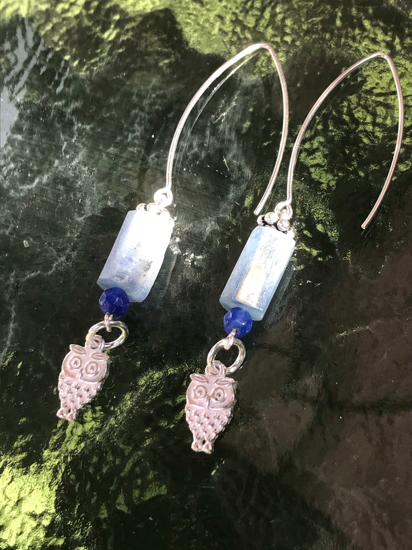 Sterling silver owl and kyanite and sapphire jade earrings