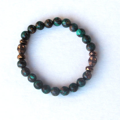 Copper Bronze Malachite gemstone and Hematite Skull Stretch Bracelet