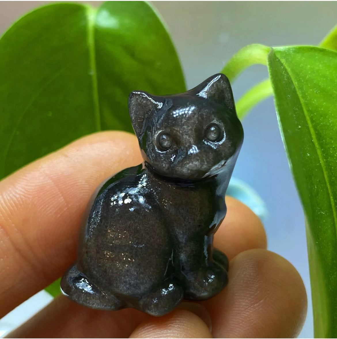Natural Silver Obsidian gemstone Kitty Cat Crystal Figurine