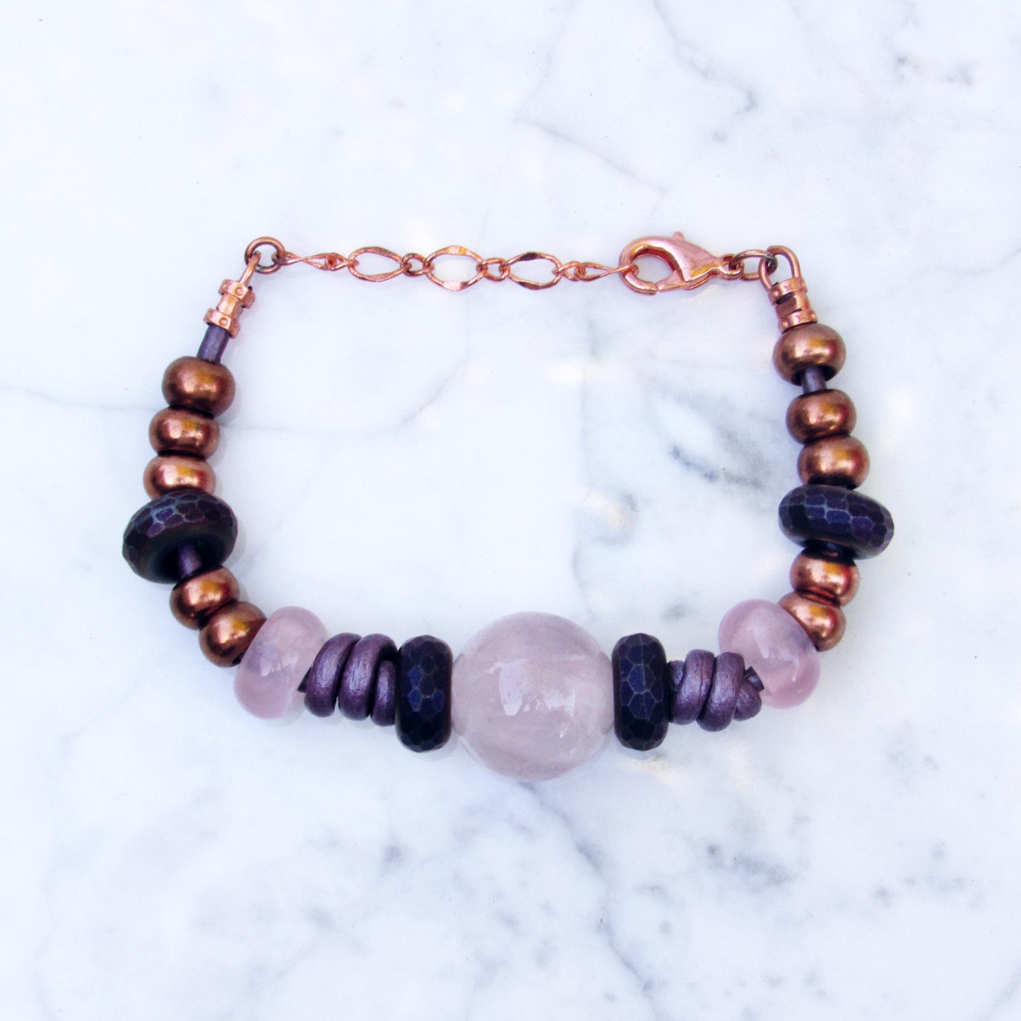 Rose Quartz gemstone, Copper, and Hematite Leather Bracelet
