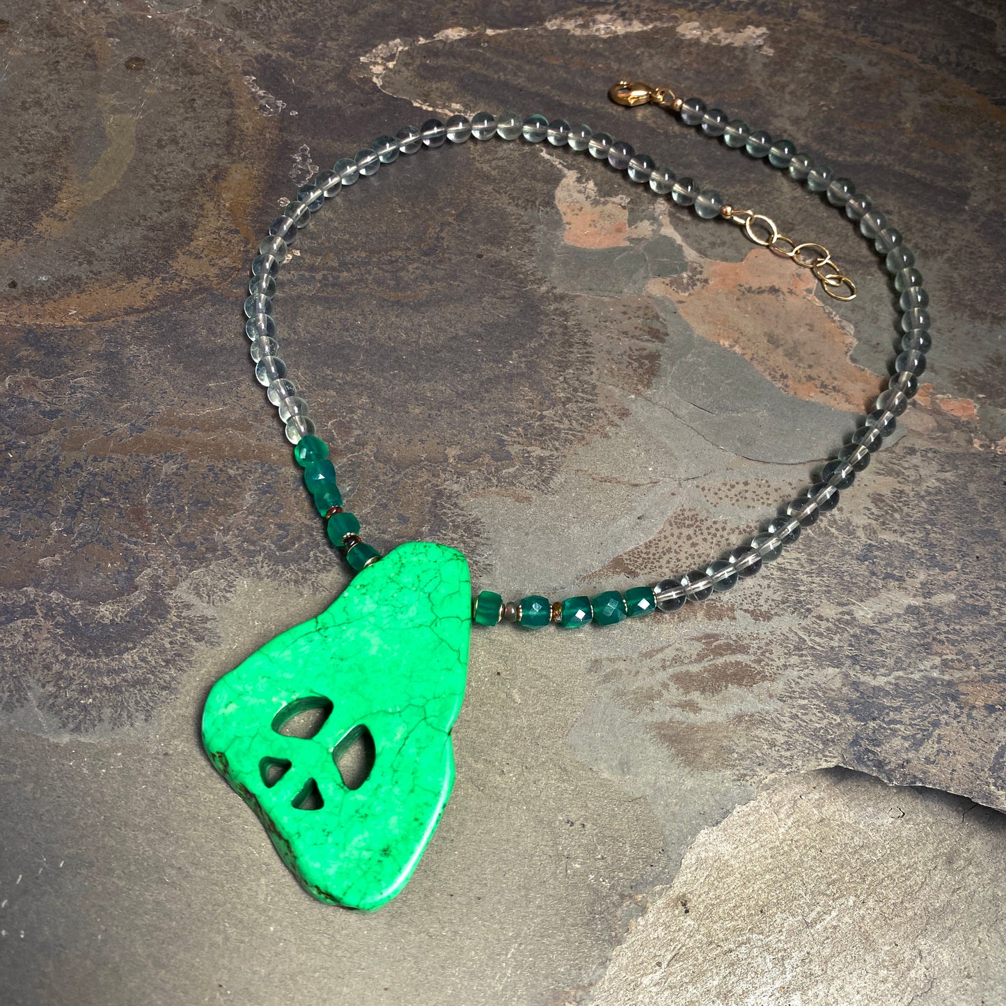 Green Howlite Peace Pendant, Green Onyx, Black Opals and Fluorite Gemstones