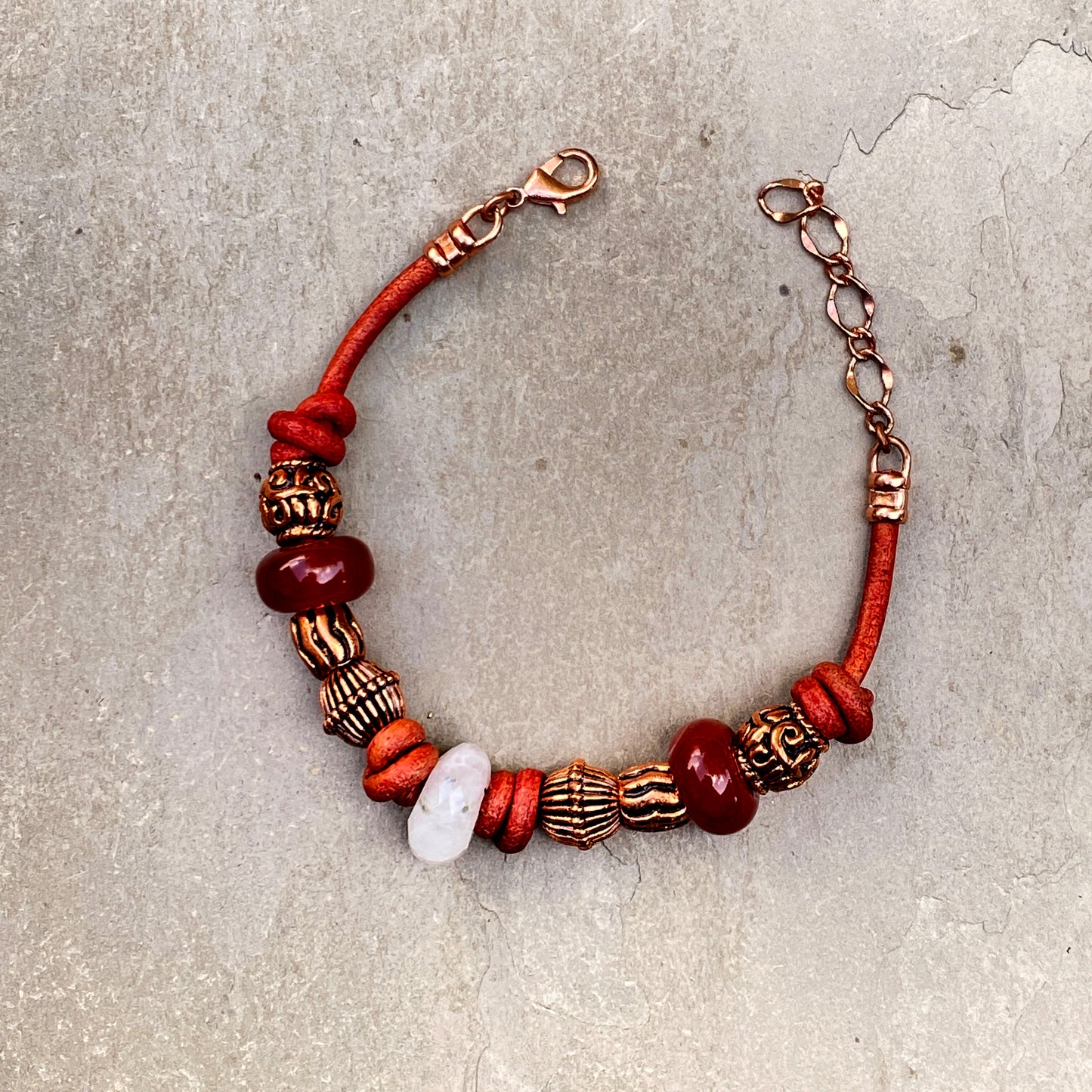 Moonstone gemstone with Red Agate and Copper on Red Leather clasp Bracelet