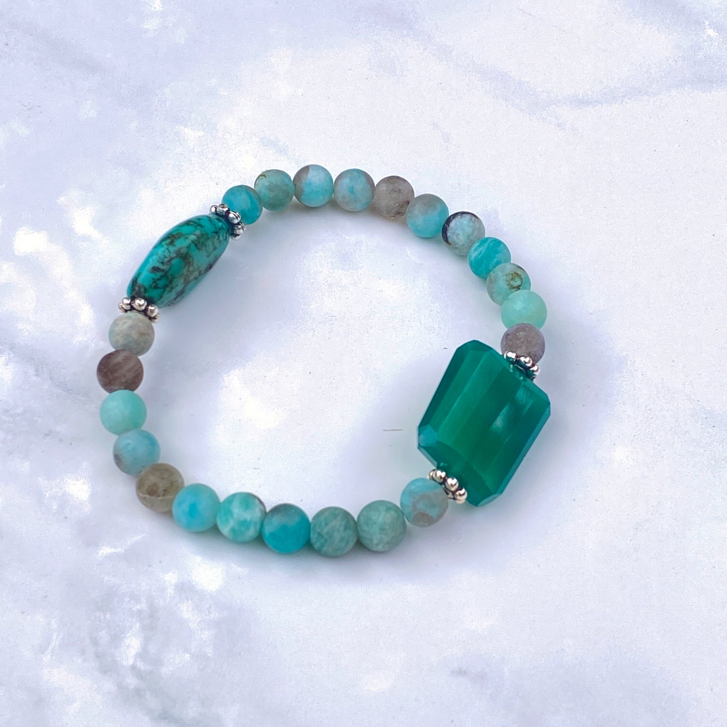 Green onyx, Amazonite Gemstone, Natural Turquoise, and Sterling Silver Stretch Bracelet