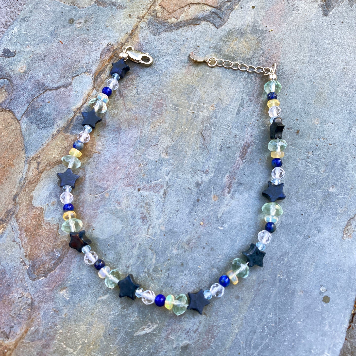 Ethiopian Opal gemstone (white and yellow), Lapis Lazuli Topaz, Fluorite & Dumortierite star anklet