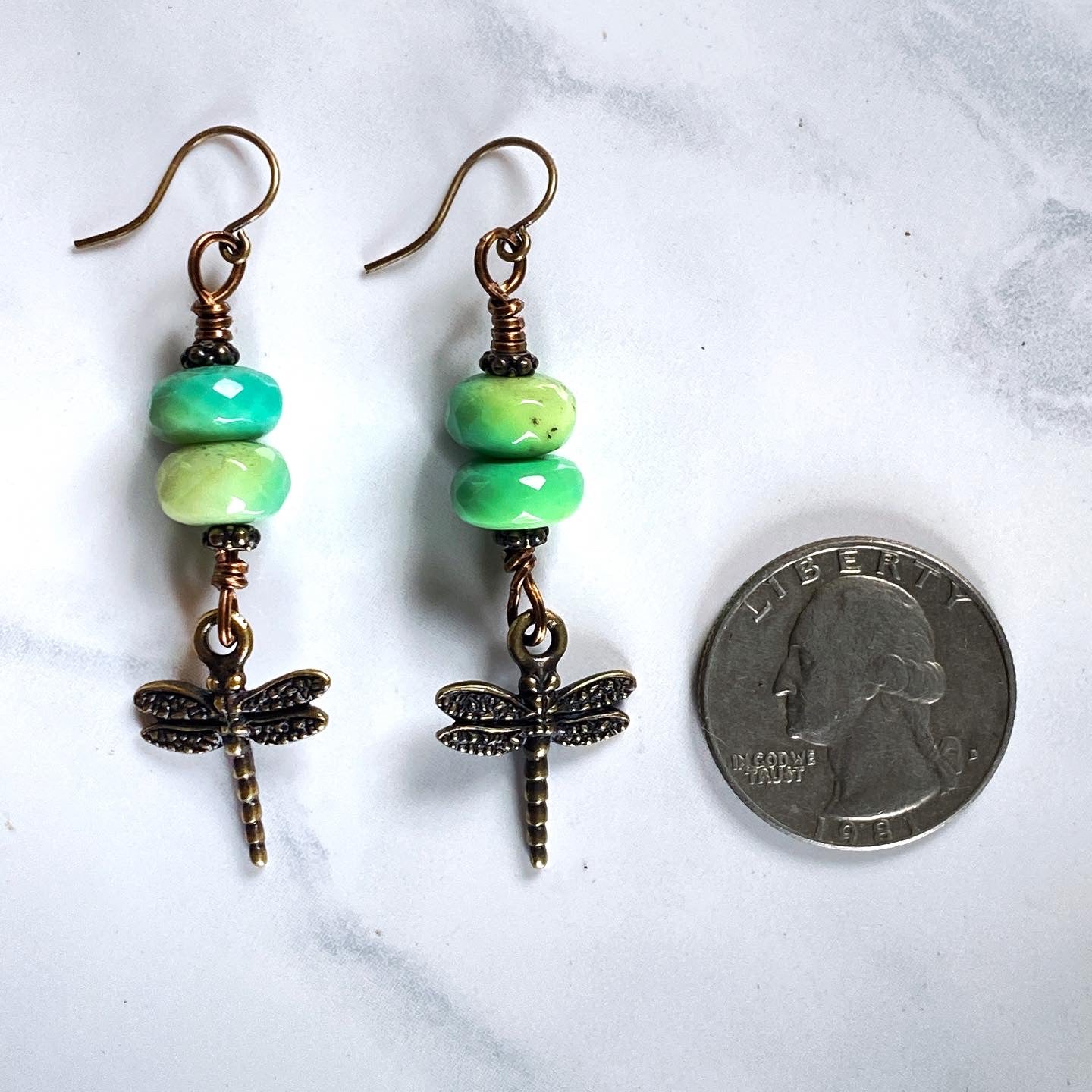 Brass Dragonfly and Green Opal gemstone Drop Earrings