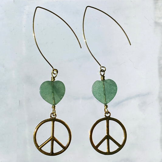 Brass Peace Sign and Green Aventurine gemstone heart earrings