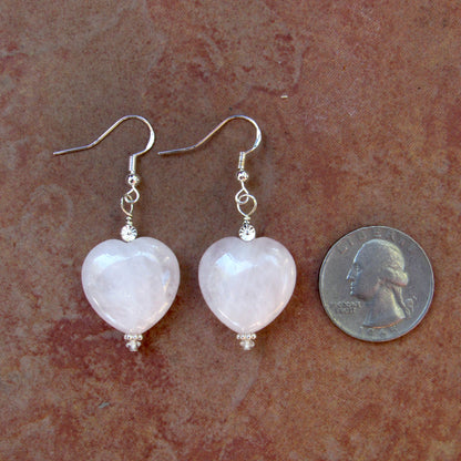 Rose Quartz Gemstone Hearts and Sterling Silver Drop Earrings
