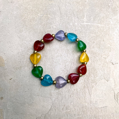 Women’s Rainbow Jade and Carnelian heart with gold hematite stretch