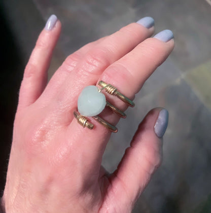 Aquamarine gemstone Heart Brass Ring