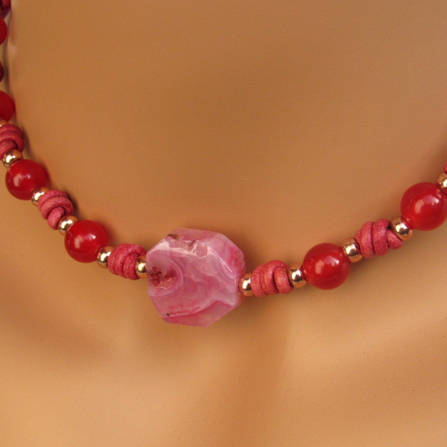 Agate gemstone, Red Jade, and genuine Leather Necklace