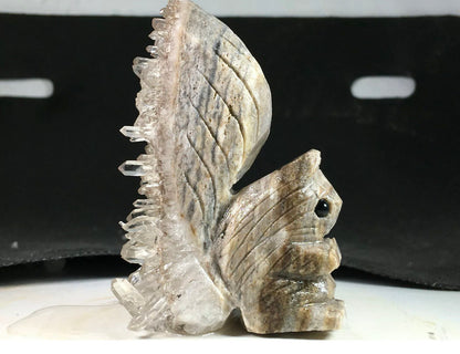 Natural crystal cluster Quartz mineral specimen hand-carved squirrel