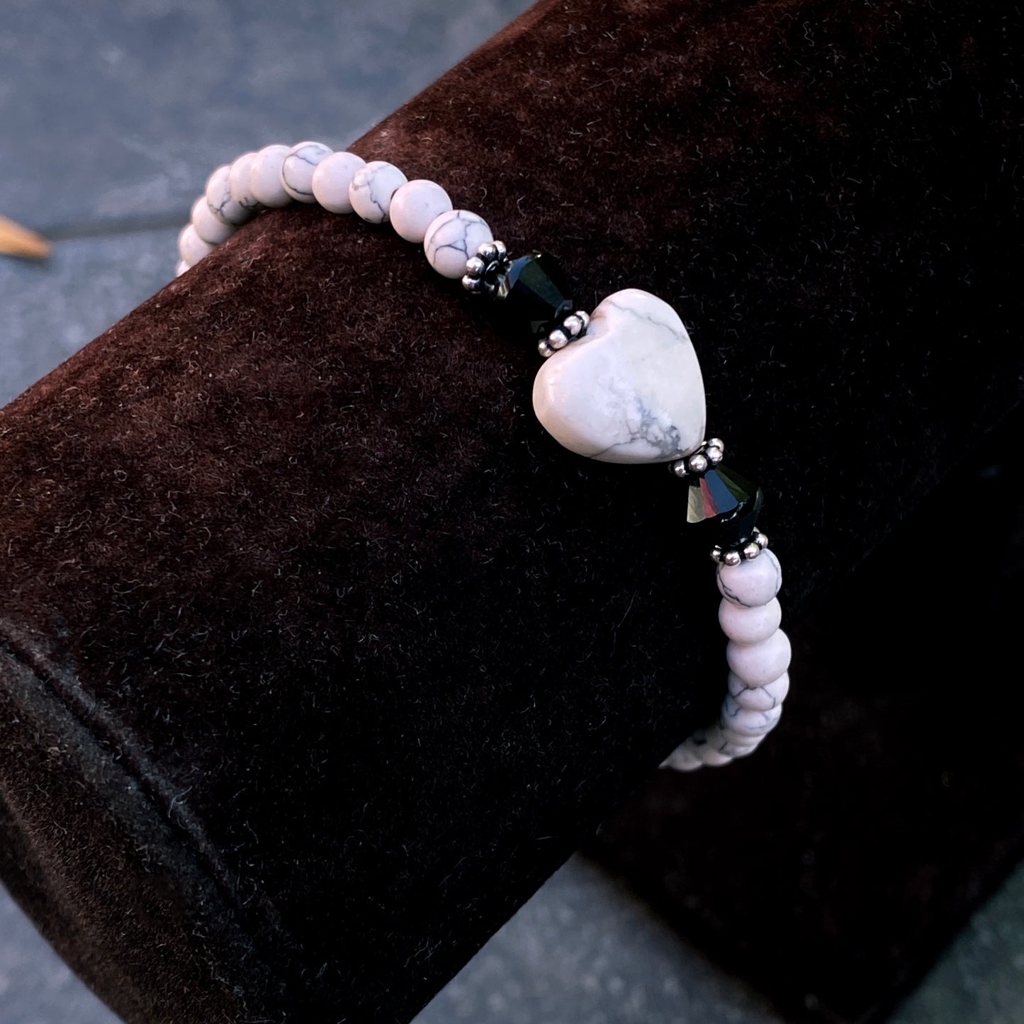 White Turquoise gemstone Bracelet with Onyx and Sterling Silver