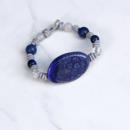 Flower Carved Agate, Sodalite gemstone, Clear Quartz, Leather Hand Knotted W/ Sterling Silver Button