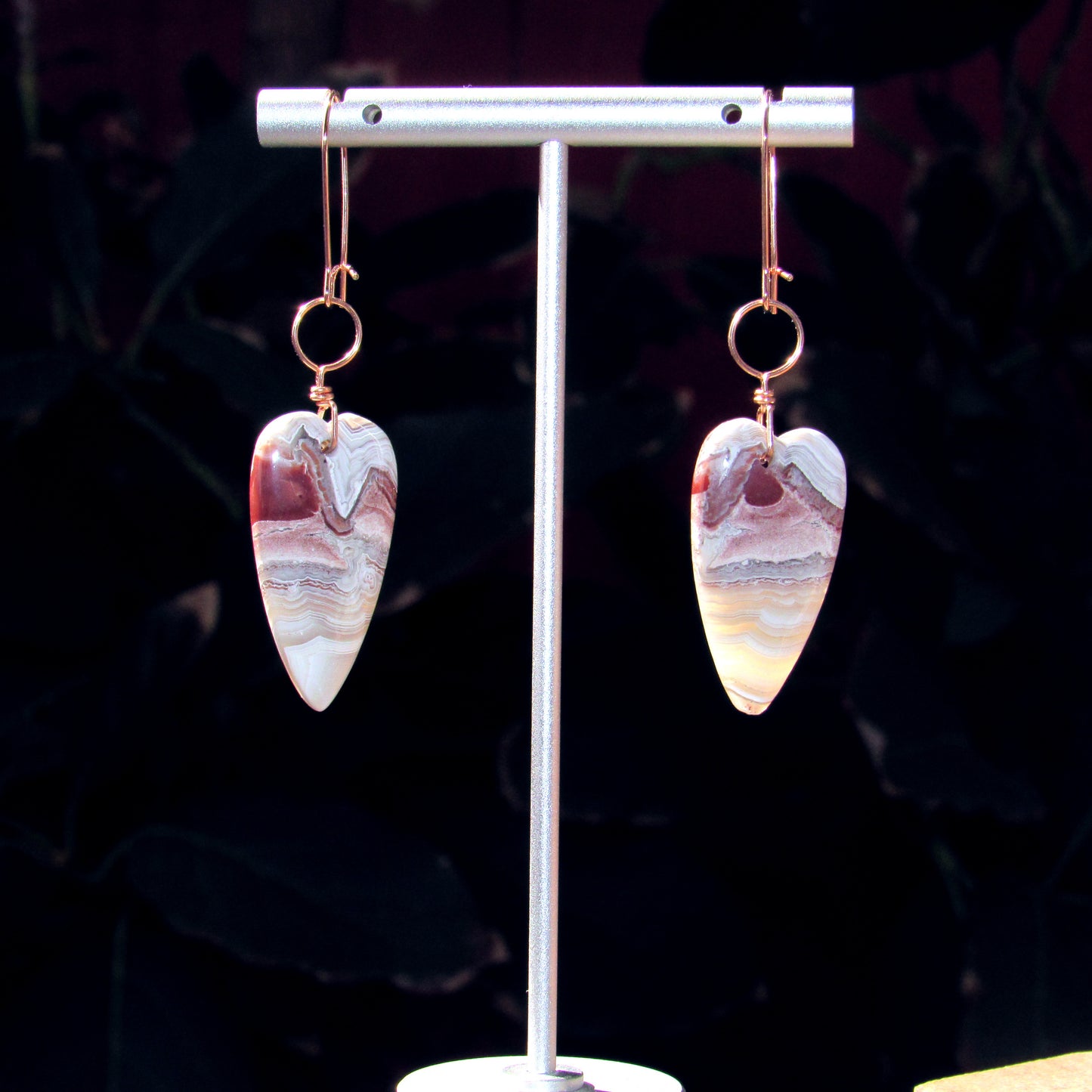 Mexican Crazy Lace Gemstone Heart Drop Earrings on Hand Wrapped 14 Kt GF