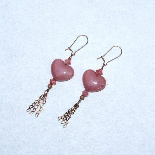 Pink Jade gemstone Hearts, Cherry Quartz, 18 Kt Gold Vermeil Heart Chain Hand wrapped Drop Earrings