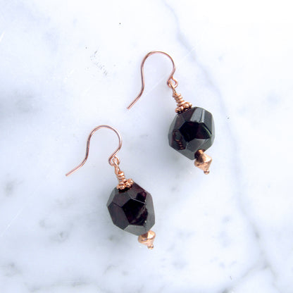 Garnet gemstone on Copper Ear Wire Drop Earrings