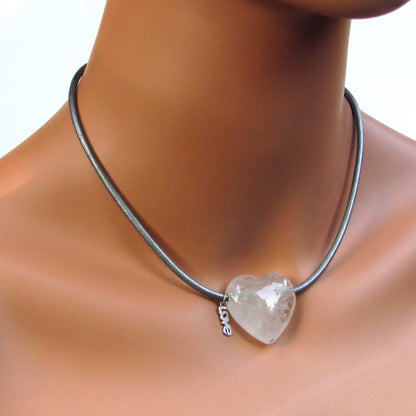 Clear Quartz gemstone with Sterling Silver Love on Metallic Leather Necklace