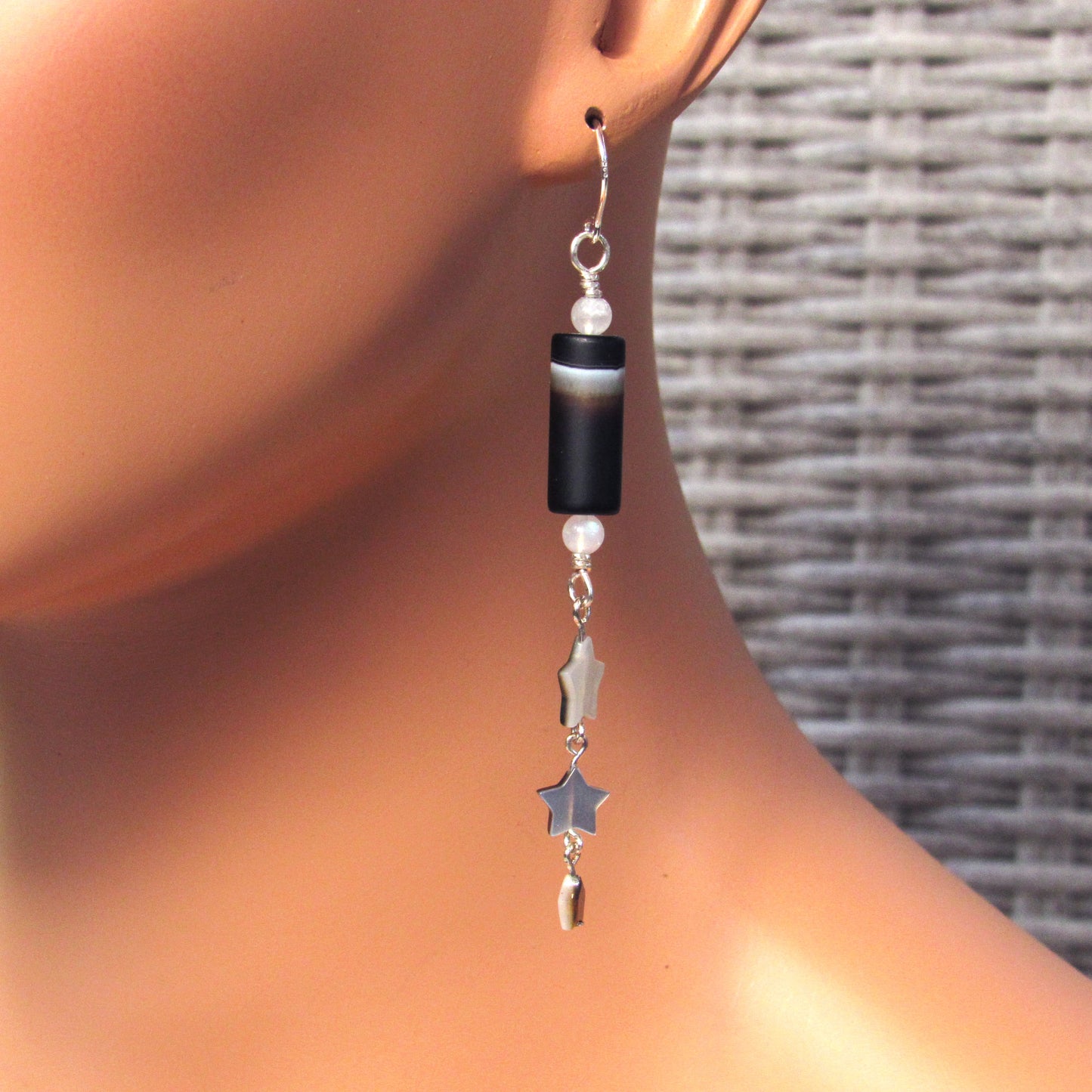 Matte Black Agate, Moonstones, Sterling Silver, Mother of Pearl Drop Earrings