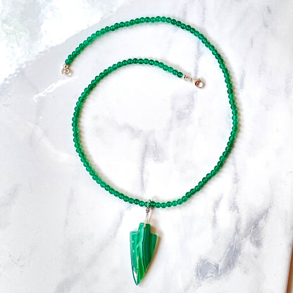 Men’s Green Banded Agate Arrow Pendant on Green Onyx Beaded Necklace W/ Sterling Silver