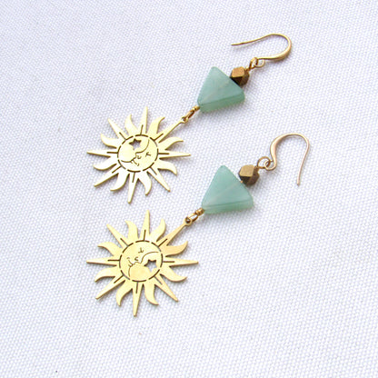 Brass Sun and Green Aventurine gemstone Drop Earrings