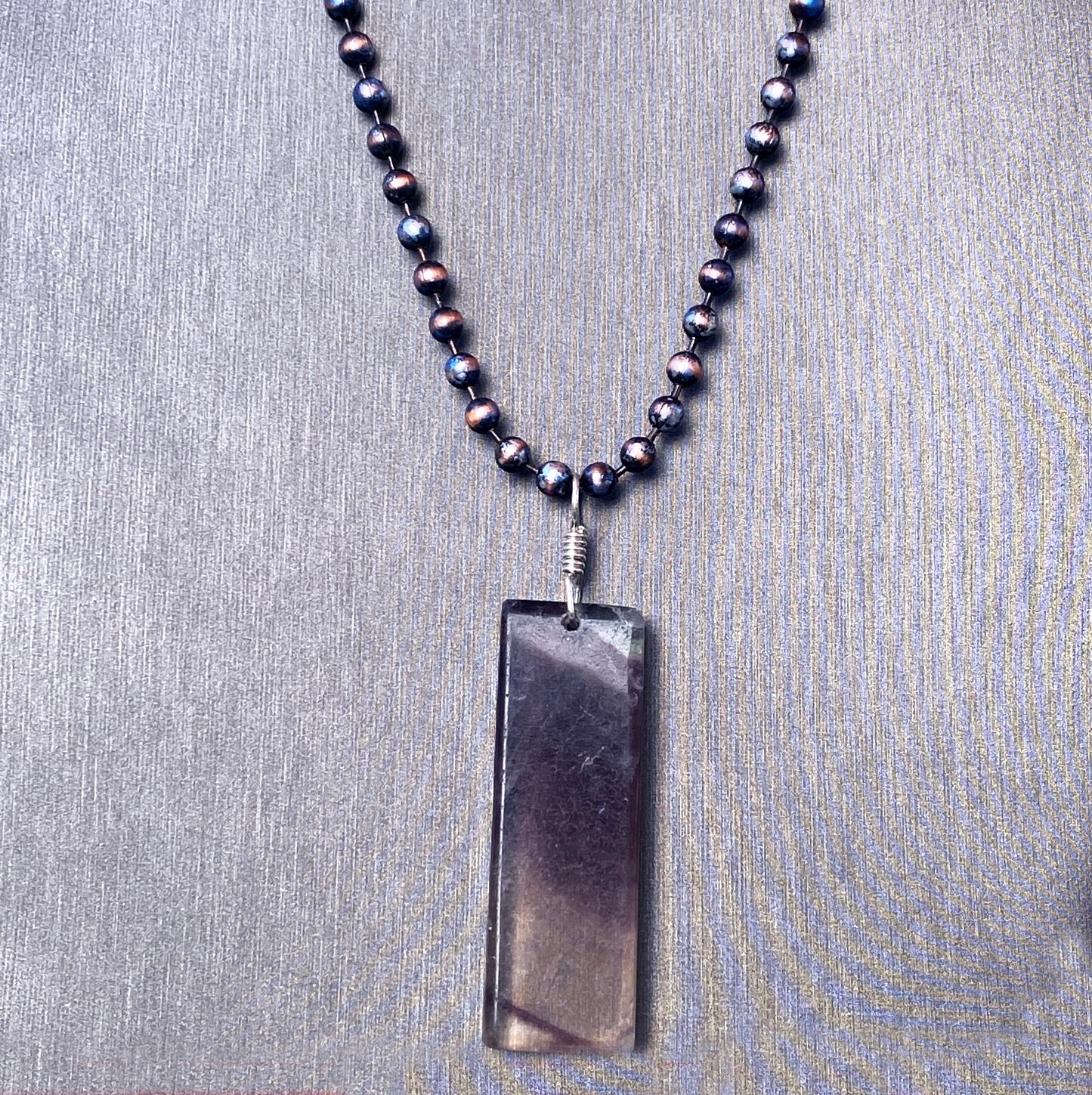 Men’s Sterling Silver Hand Wrapped Fluorite in Hand Patina Painted Copper Chain