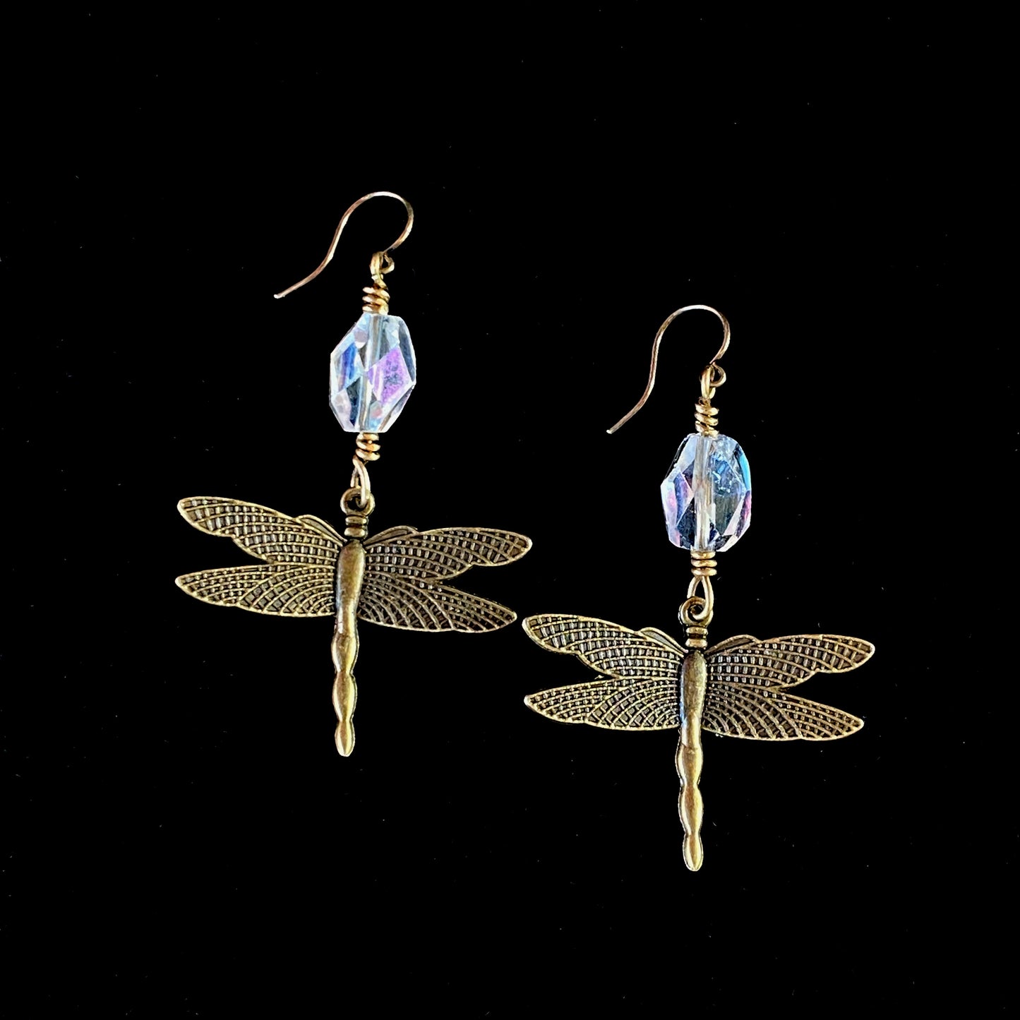 Brass Dragonfly and Quartz gemstone Dangle Earrings