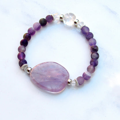 Amethyst Gemstone, Clear Quartz Flower with Accents and Sterling Silver Stretch Bracelet